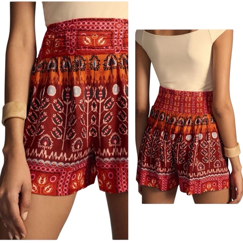 Anthropologie Shorts XS Ruched Wide Leg High Rise Boho Indie Printed Red Pink